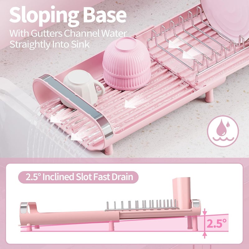TOOLF Small Dish Drying Rack, Mini Expandable Compact Dish Rack, Slim Extendable Stainless Steel Dish Drainer for Kitchen Plate Storage, Space Saving Dish Strainer in Sink or on Home Countertop, Pink - Image 5
